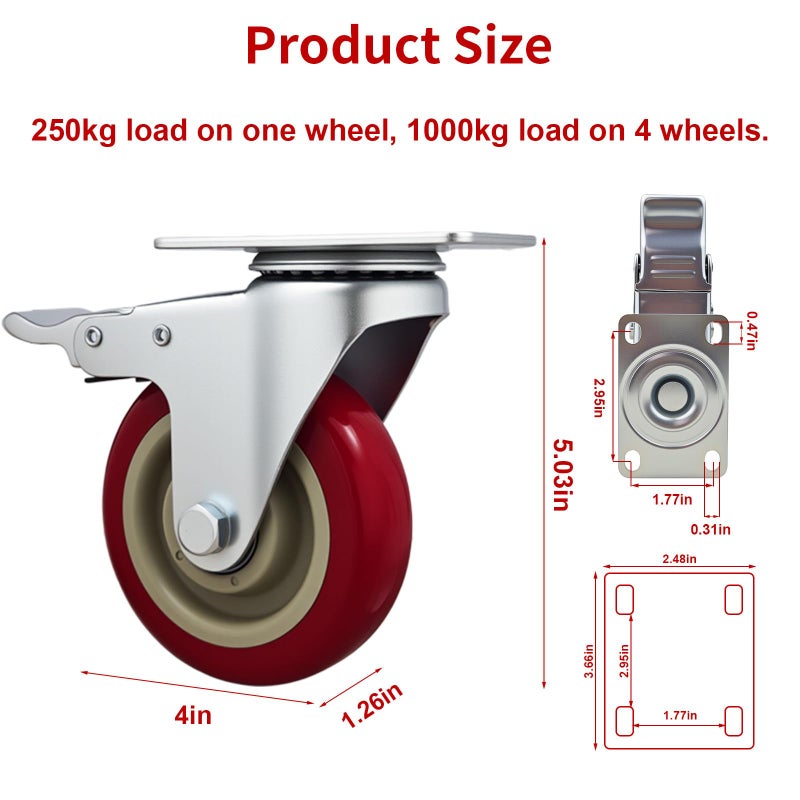Htudcoue 6 Pcs 4 Inch Heavy Duty Casters, (6 casters Load Capacity 3300 lbs) Lockable Swivel Bearing Caster with Brakes for Workbenches, Shelves, Carts, Etc. - Image 2