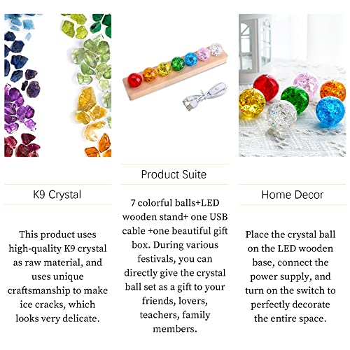 KRISININE 7 Colors 40mm Ice Cracked Balls Crystal Chakra Balls with LED Wooden Base Glass Healing Sphere Balls with Stand Night Light Decoration Quartz for Home Living Room - Image 5