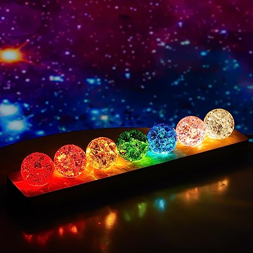 KRISININE 7 Colors 40mm Ice Cracked Balls Crystal Chakra Balls with LED Wooden Base Glass Healing Sphere Balls with Stand Night Light Decoration Quartz for Home Living Room - Image 1