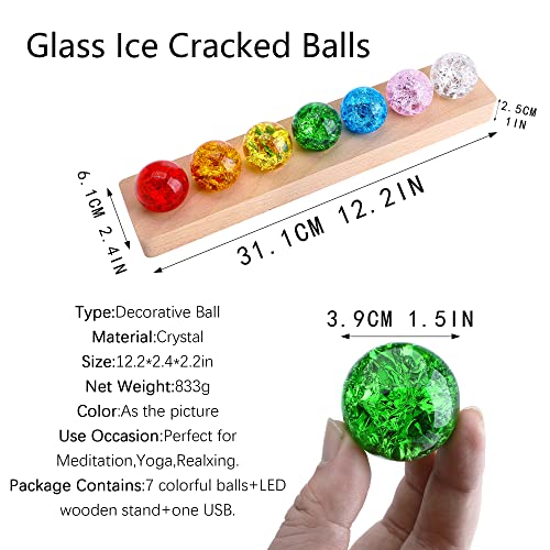 KRISININE 7 Colors 40mm Ice Cracked Balls Crystal Chakra Balls with LED Wooden Base Glass Healing Sphere Balls with Stand Night Light Decoration Quartz for Home Living Room - Image 4
