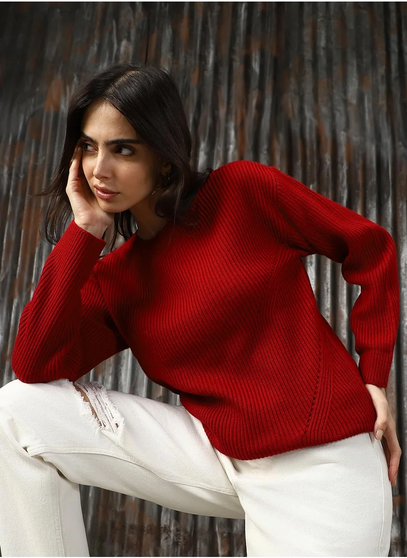 هاي ستار Women's Red 100% Acrylic Solid Sweater