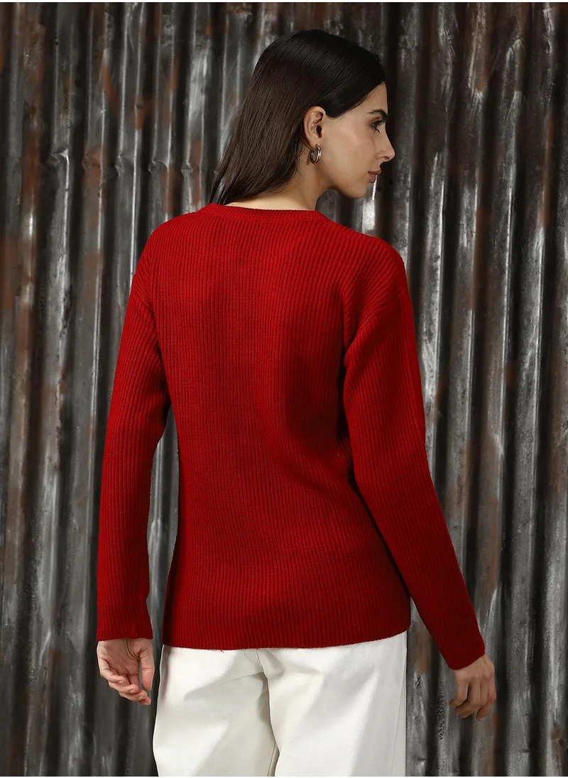 هاي ستار Women's Red 100% Acrylic Solid Sweater