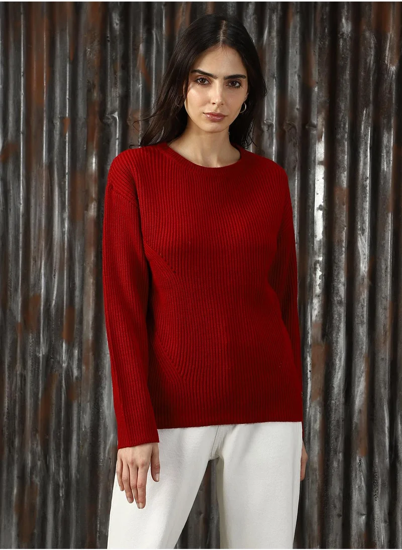 هاي ستار Women's Red 100% Acrylic Solid Sweater