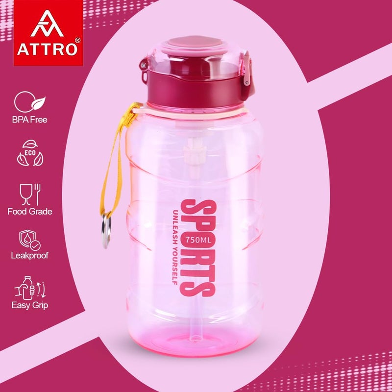 ATTRO Attro Pro Sip 750ml Bottle Stylish Functional Comes with flip top lid Straw Easy to Carry with Hand Strap BPA Free Leakproof Perfect for Gym WorkoutSportsSchool OutdoorBubblegum Pink - Image 4