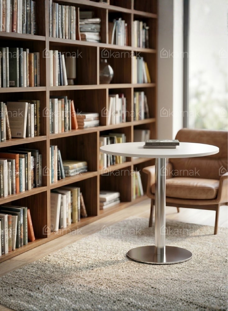 KARNAK Urbanique Round Table 120cm White Laminate Top with Chrome Base Modern Dining Meeting Table - Image 4