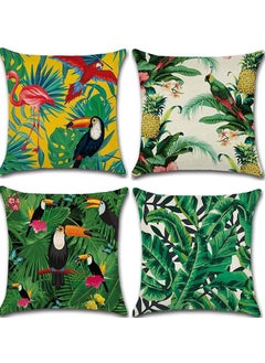 Y&D Throw Pillow Covers Green Cushion Leaf, Tropical linen pillow covers with flamingo, Pack of 4 square jungle throw pillowcase, For sofa, couch, bedroom outdoor cushions 45 cm x  - Image 1