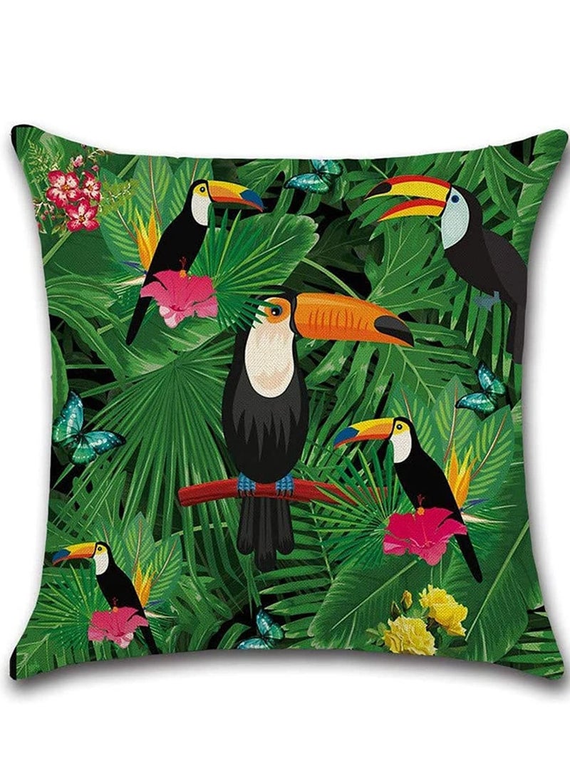 Y&D Throw Pillow Covers Green Cushion Leaf, Tropical linen pillow covers with flamingo, Pack of 4 square jungle throw pillowcase, For sofa, couch, bedroom outdoor cushions 45 cm x  - Image 2
