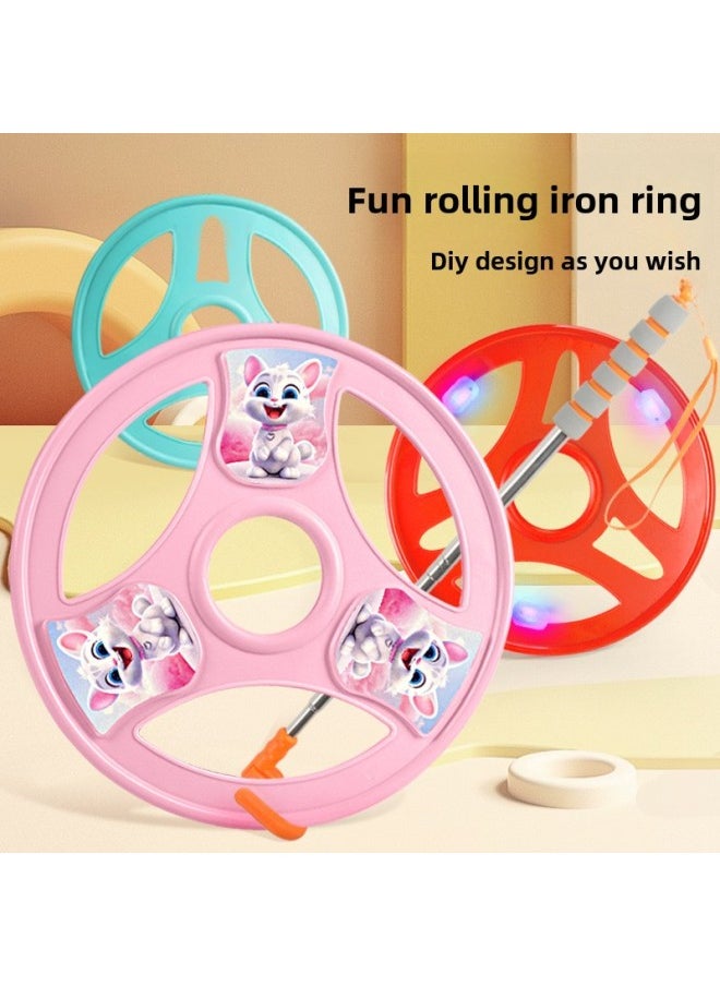 Children's Rolling Iron Ring Toy Adult Nostalgic Outdoor Luminous Kindergarten Primary School Students Hand Push Iron Ring Fitness Wheel-Specifications:China Red-Medium-Diameter 30cm (Including Hand Rod)-Cool DIY  - Image 2