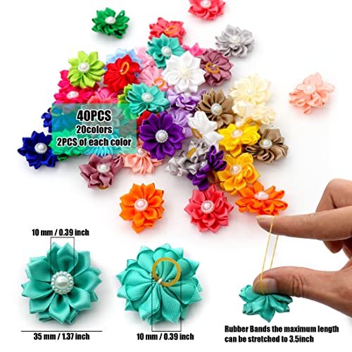 YAKA 40PCS(20Paris) Cute Dog Hair Bows with Rubber Bands Pearls Flowers Topknot Dog Bows Pet Grooming Products 20 Colors - Image 2