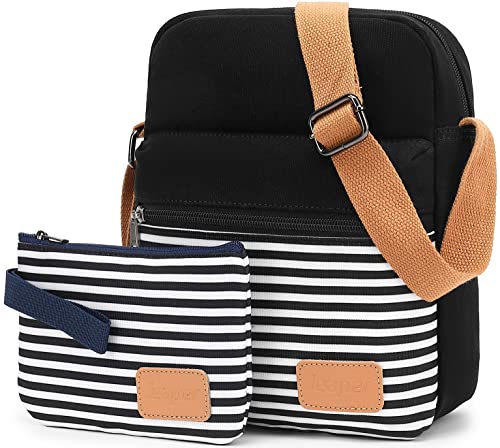 Leaper Girls Crossbody Purses 2 PCS Stripe Messenger Bag Canvas Crossbody Bag and Purse Set for Women Stripe Black - Image 2