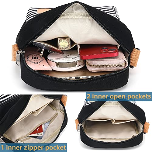 Leaper Girls Crossbody Purses 2 PCS Stripe Messenger Bag Canvas Crossbody Bag and Purse Set for Women Stripe Black - Image 3
