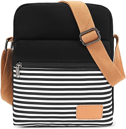 Leaper Girls Crossbody Purses 2 PCS Stripe Messenger Bag Canvas Crossbody Bag and Purse Set for Women Stripe Black - Image 1