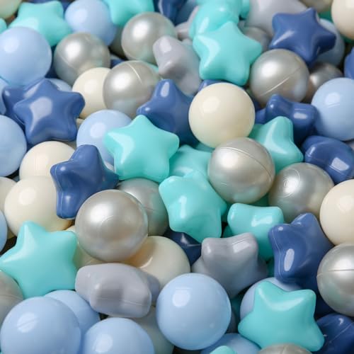 TRENDPLAY Star Ball Pit Balls 50 for Toddlers Blue Ball Pit Ball Shapes for Boys Girls Fun Birthday Party Christmas Decoration Blue Gray Teal Cream and Silver - Image 1