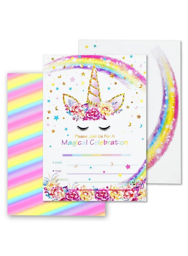 تي-أنتريكس بطاقات دعوة لحفلات أعياد الميلاد على شكل يونيكورن من T-Antrix مكونة من 24 قطعة مع 24 ظرفًا، بطاقات دعوة لحفلات أعياد الميلاد على شكل يونيكورن لامعة بألوان قوس قزح للأطفال وحفلات استقبال المولود ومستلزمات حفلات يونيكورن ذات وجهين - Image 1