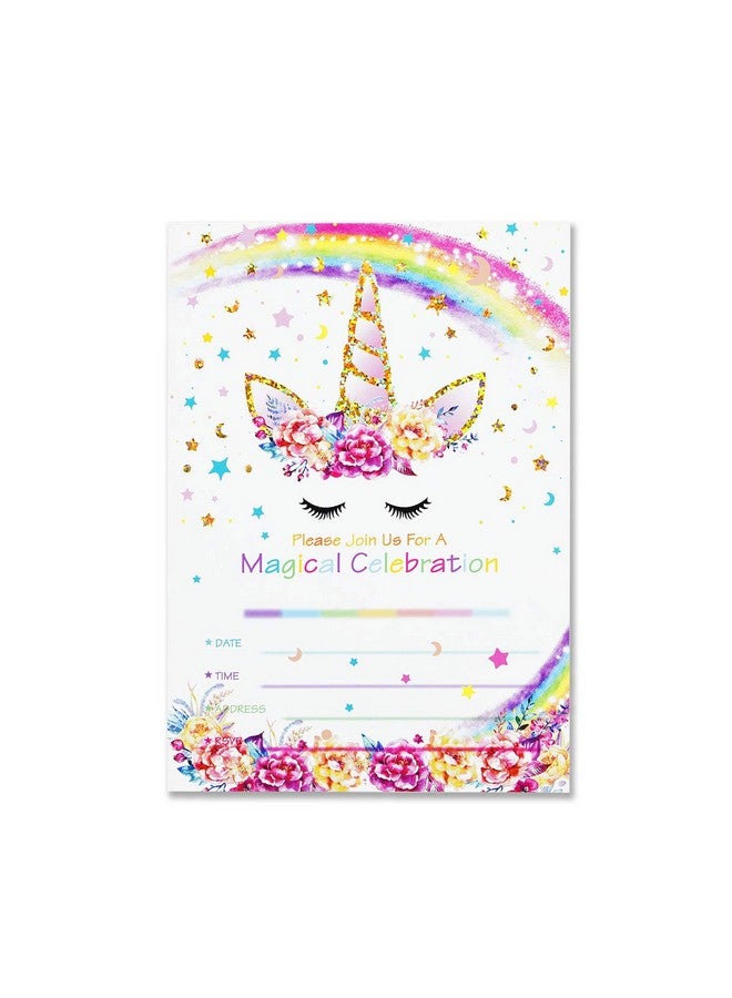 تي-أنتريكس بطاقات دعوة لحفلات أعياد الميلاد على شكل يونيكورن من T-Antrix مكونة من 24 قطعة مع 24 ظرفًا، بطاقات دعوة لحفلات أعياد الميلاد على شكل يونيكورن لامعة بألوان قوس قزح للأطفال وحفلات استقبال المولود ومستلزمات حفلات يونيكورن ذات وجهين - Image 4