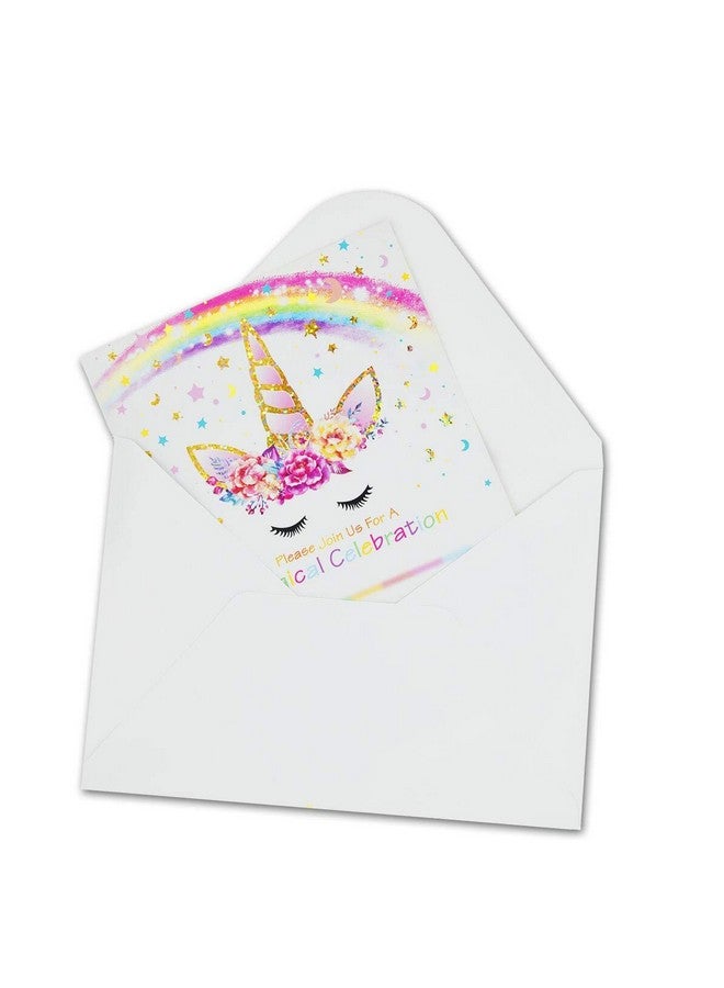 تي-أنتريكس بطاقات دعوة لحفلات أعياد الميلاد على شكل يونيكورن من T-Antrix مكونة من 24 قطعة مع 24 ظرفًا، بطاقات دعوة لحفلات أعياد الميلاد على شكل يونيكورن لامعة بألوان قوس قزح للأطفال وحفلات استقبال المولود ومستلزمات حفلات يونيكورن ذات وجهين - Image 3