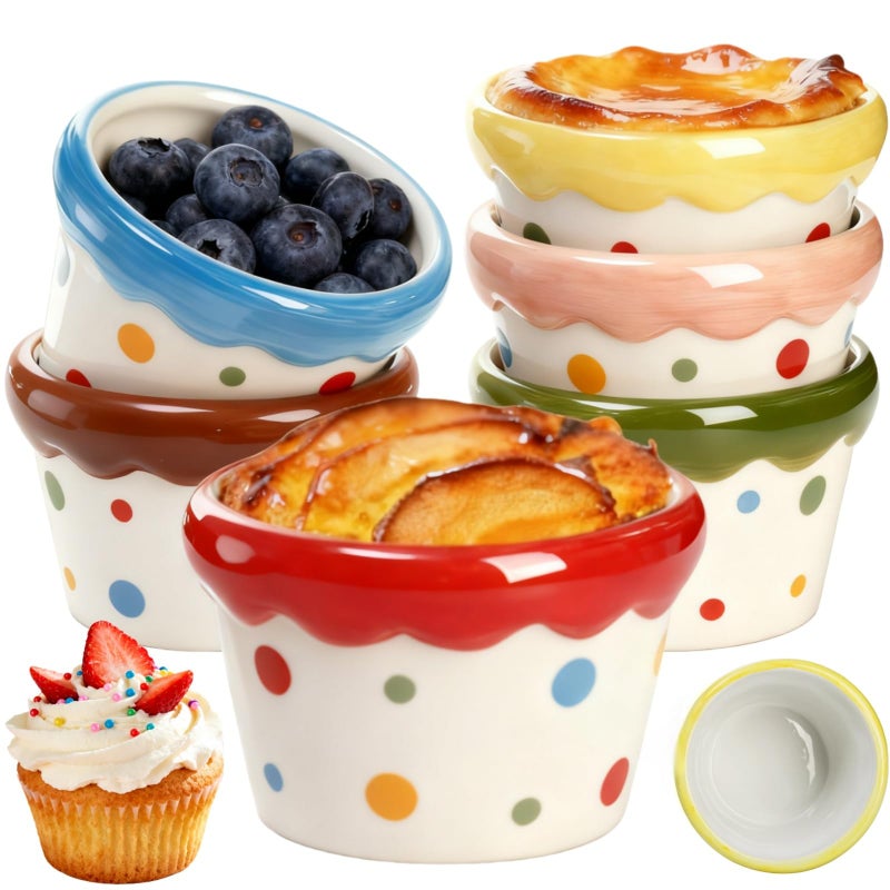Tlence 6 Pack Ceramic Ice Cream Cups, 9 OZ Mini Porcelain Dessert Bowl, Cute Polka Dot Sundae Cups, Small Ramekins for Frozen Yogurt Pudding Creme Brulee Souffle Dip Birthday Party - Image 1