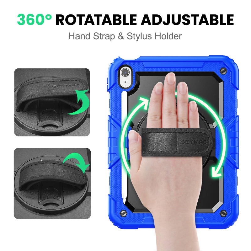 SEYMAC Case for iPad (A16) 11th/10th Generation 2025/2022 (11â€³/10.9â€³), Sturdy Heavy Duty Full-Body Shockproof Protective Case with Screen Protector, Rotating Stand, Hand/Shoulder Strap, Black/Blue - Image 3