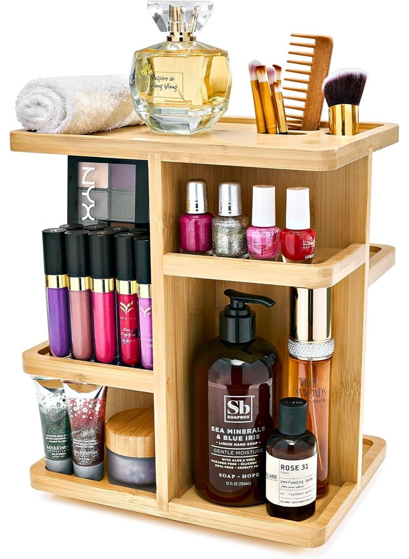 Makeup organizer - Bamboo wood spiral  storage for cosmetics, rotating skincare organizer for the sink, and bathroom storage. - Image 1