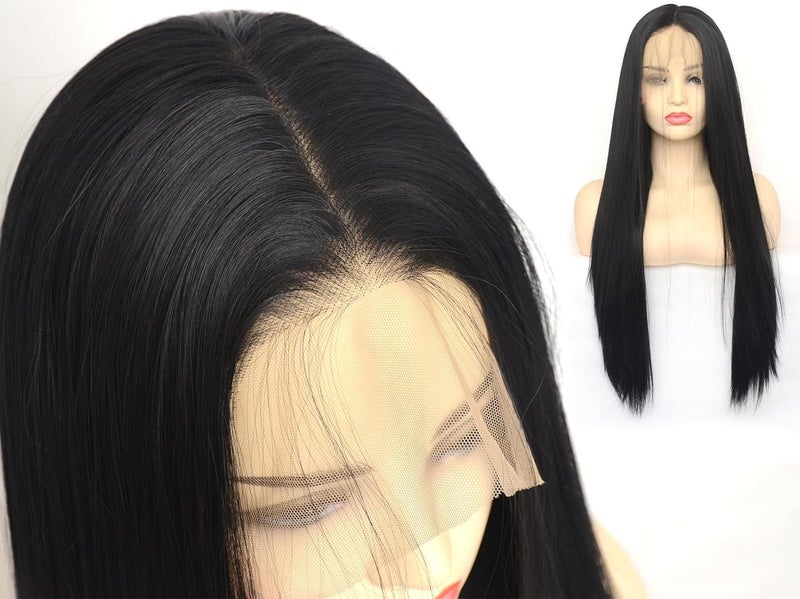 Long Straight 13x6 Lace Front Wigs #1b Black Natural Heat Resistant Synthetic Hair Half Hand Tied Wigs for Women Cosplay Daily Wear (Black, 22 inches)
