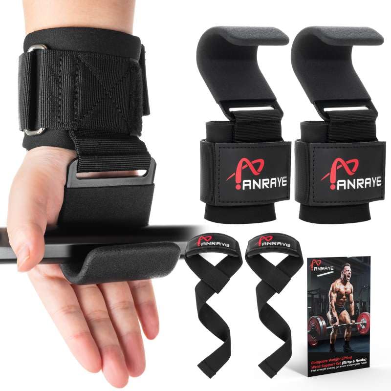 Anraye Weight Lifting Hooks & Wrist Straps Set â€“ Lifting Hooks with Anti-Slip Grip, Adjustable Wrist Wraps for Weightlifting, Deadlifts, Powerlifting, Gym Straps for Men and Women, Black-Red - Image 1