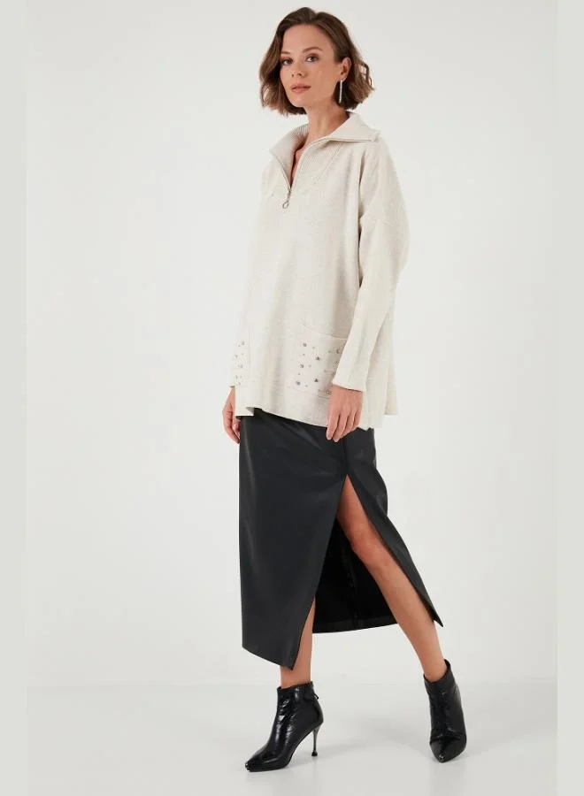 ليلا كنزة نسائية محبوكة بياقة بسحاب وجيب من ليلا