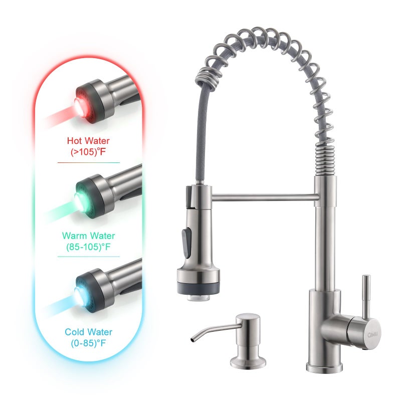 GIMILI Kitchen Faucet with Soap Dispenser Single Hole Pull Down Sprayer LED Faucet Suitable for Farmhouses RV Laundry Room Outdoor and Campers Llave para fregadero de cocina Brushed Nickel - Image 2