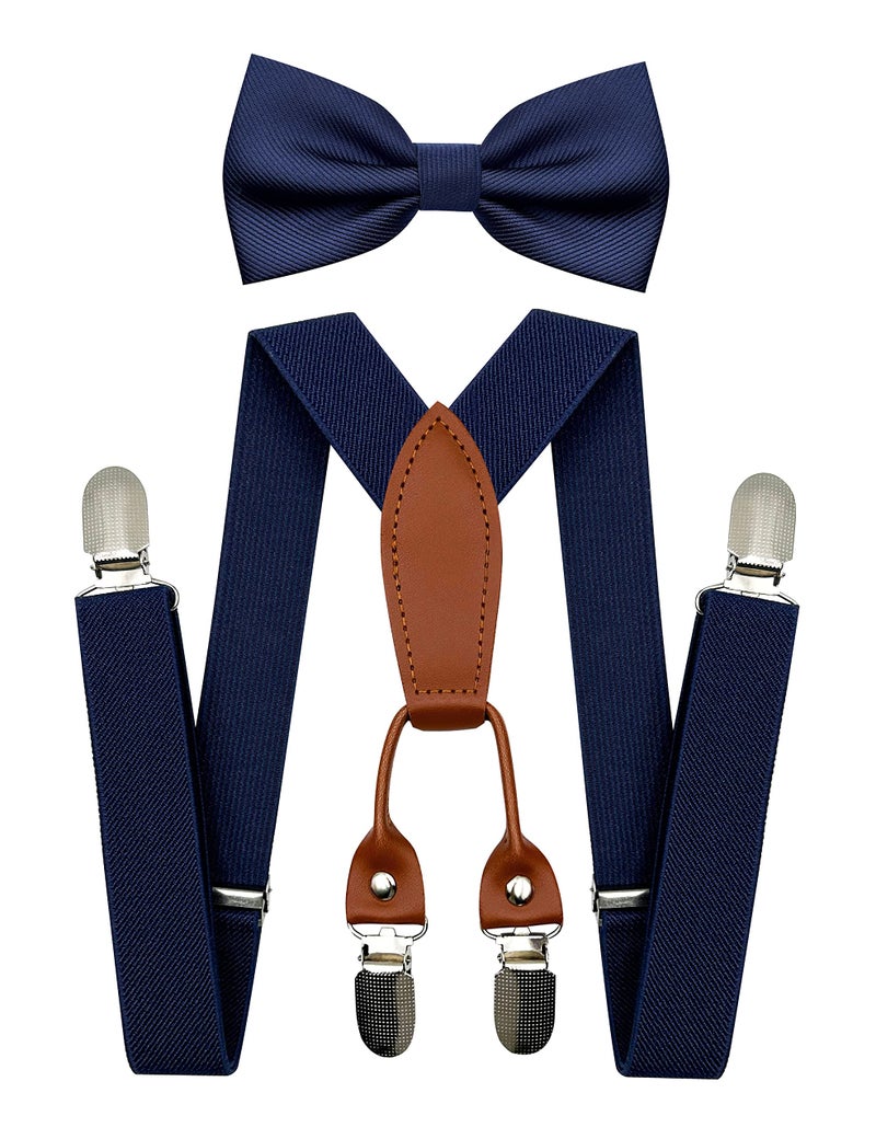 BEWDIO Baby Boy Navy Blue Suspenders and Bow Tie Set, Bowtie and Elastic Suspenders with 4 Strong Metal Clips (4-01-1) - Image 1