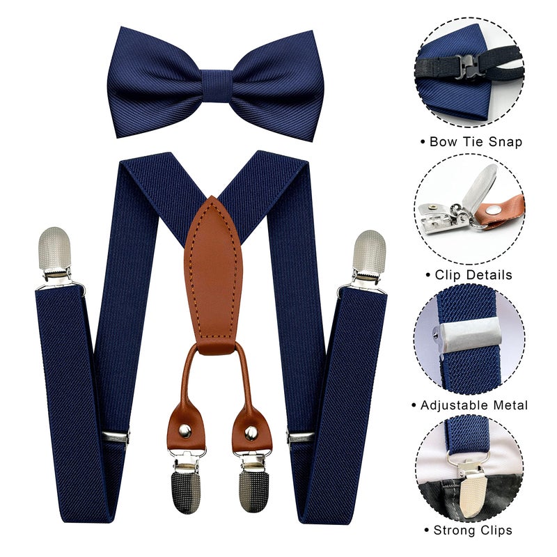 BEWDIO Baby Boy Navy Blue Suspenders and Bow Tie Set, Bowtie and Elastic Suspenders with 4 Strong Metal Clips (4-01-1) - Image 3
