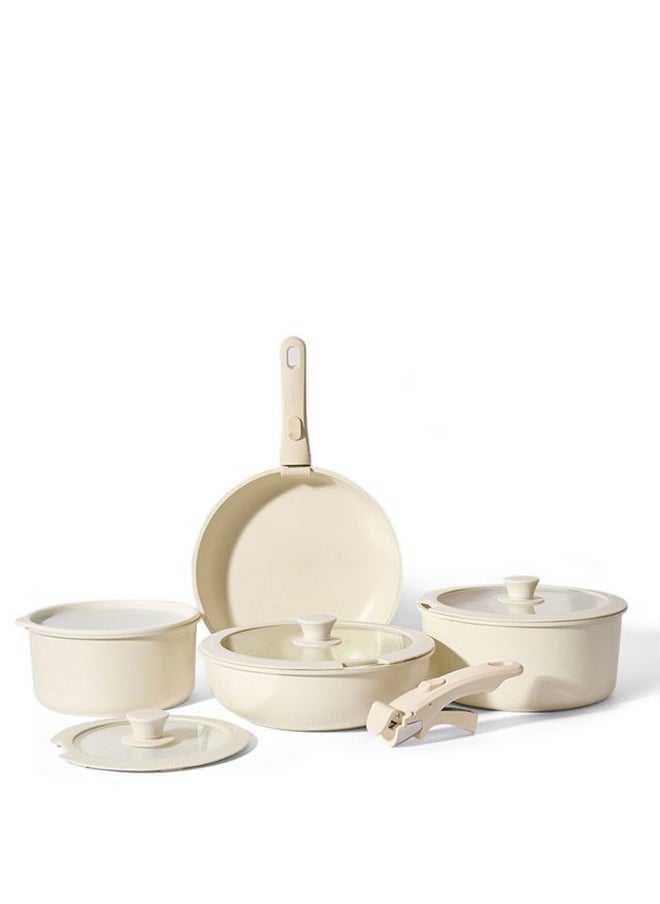 CAROTE 10 Piece Detachable Swiss Granite Cookware Set, Non-Stick, 1x20cm Sauce pan with silicone lid, 1x26cm Frypan with silicone lid, 1x24cm Casserole with silicone lid, 1x26cm Deep Frypan, 1x20cm fridge lid, 2 handles, Ice Cream color  - Image 1