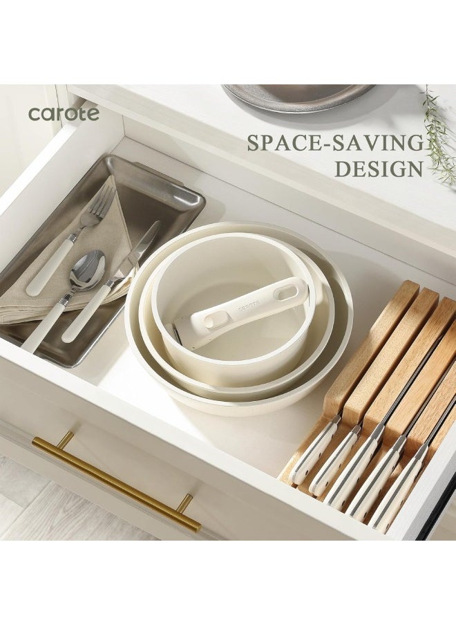 CAROTE - 10 Piece Detachable Swiss Granite Cookware Set, Non-Stick, 1x20cm Sauce pan with silicone lid, 1x26cm Frypan with silicone lid, 1x24cm Casserole with silicone lid, 1x26cm Deep Frypan, 1x20cm fridge lid, 2 handles, Ice Cream color - Image 1
