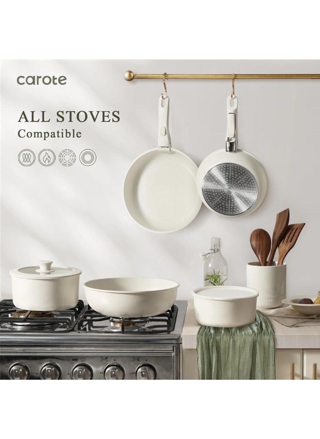 CAROTE - 10 Piece Detachable Swiss Granite Cookware Set, Non-Stick, 1x20cm Sauce pan with silicone lid, 1x26cm Frypan with silicone lid, 1x24cm Casserole with silicone lid, 1x26cm Deep Frypan, 1x20cm fridge lid, 2 handles, Ice Cream color - Image 1