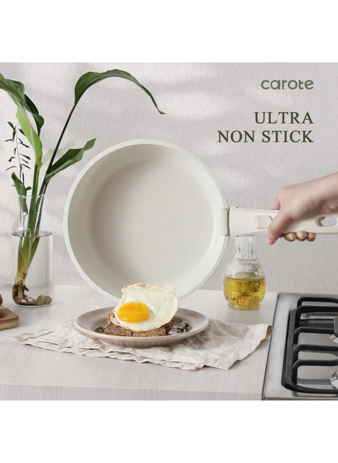 CAROTE 10 Piece Detachable Swiss Granite Cookware Set, Non-Stick, 1x20cm Sauce pan with silicone lid, 1x26cm Frypan with silicone lid, 1x24cm Casserole with silicone lid, 1x26cm Deep Frypan, 1x20cm fridge lid, 2 handles, Ice Cream color  - Image 5