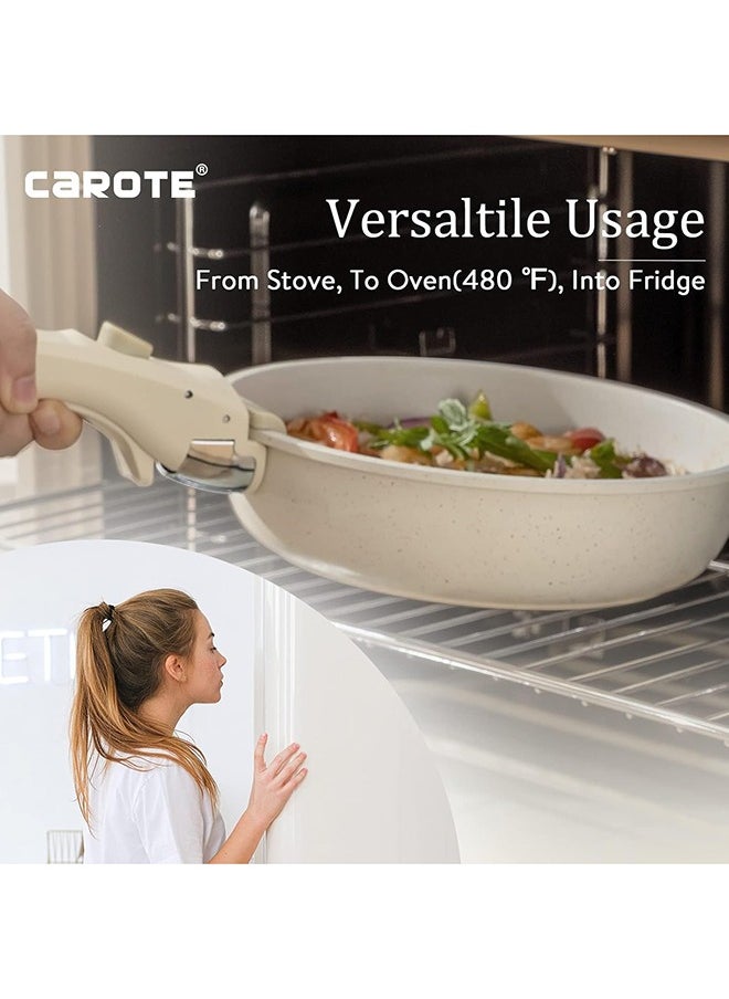 CAROTE - 10 Piece Detachable Swiss Granite Cookware Set, Non-Stick, 1x20cm Sauce pan with silicone lid, 1x26cm Frypan with silicone lid, 1x24cm Casserole with silicone lid, 1x26cm Deep Frypan, 1x20cm fridge lid, 2 handles, Ice Cream color - Image 1