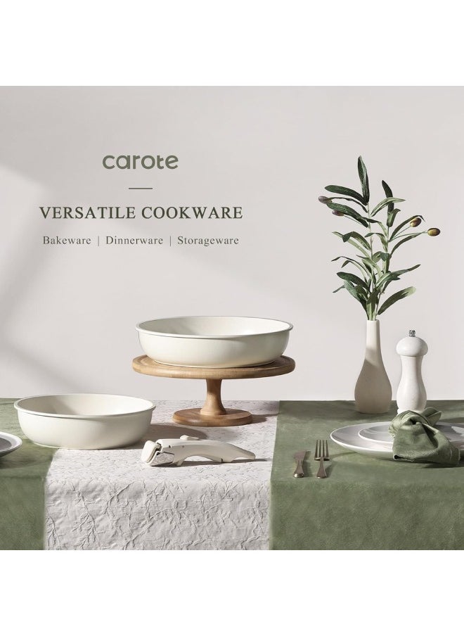 CAROTE - 10 Piece Detachable Swiss Granite Cookware Set, Non-Stick, 1x20cm Sauce pan with silicone lid, 1x26cm Frypan with silicone lid, 1x24cm Casserole with silicone lid, 1x26cm Deep Frypan, 1x20cm fridge lid, 2 handles, Ice Cream color - Image 1