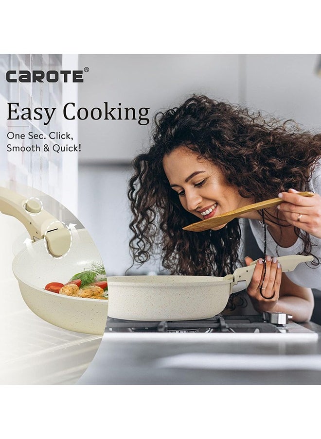 CAROTE - 10 Piece Detachable Swiss Granite Cookware Set, Non-Stick, 1x20cm Sauce pan with silicone lid, 1x26cm Frypan with silicone lid, 1x24cm Casserole with silicone lid, 1x26cm Deep Frypan, 1x20cm fridge lid, 2 handles, Ice Cream color - Image 1