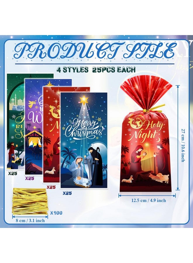 HOWAF 100Pcs Holy Nativity Cellophane Gift Bag, Religious Christmas Plastic Goodie Bags For Christian Xmas Holiday Party Supplies, O Holy Night Treat Bags Nativity Scene Candy Bags With Ties - Image 1