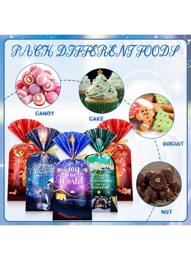 HOWAF 100Pcs Holy Nativity Cellophane Gift Bag, Religious Christmas Plastic Goodie Bags For Christian Xmas Holiday Party Supplies, O Holy Night Treat Bags Nativity Scene Candy Bags With Ties - Image 2