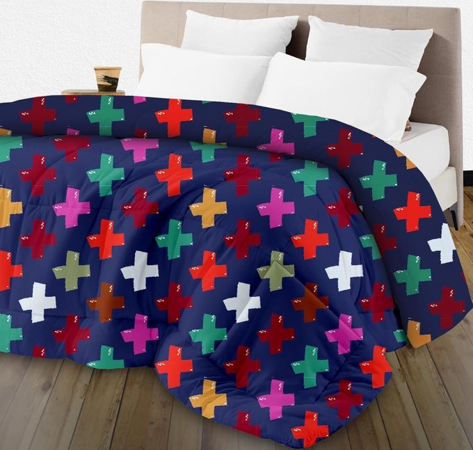 ULTRA SOFT MICROFIBRE PRINTED COMFORTER | (PRINT - SHAPES) (ERIN NAVY AND BRIGHT BLUE)