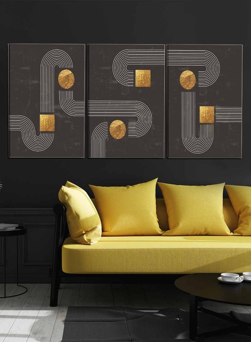 لوحة طقم من ٣ لوحات كانفاس على إطار خشبي، تصميم تجريدي خطوط منحنية ودوائر ومربعات، للمنزل، غرفة المعيشة، المكتب، الديكور - Image 2