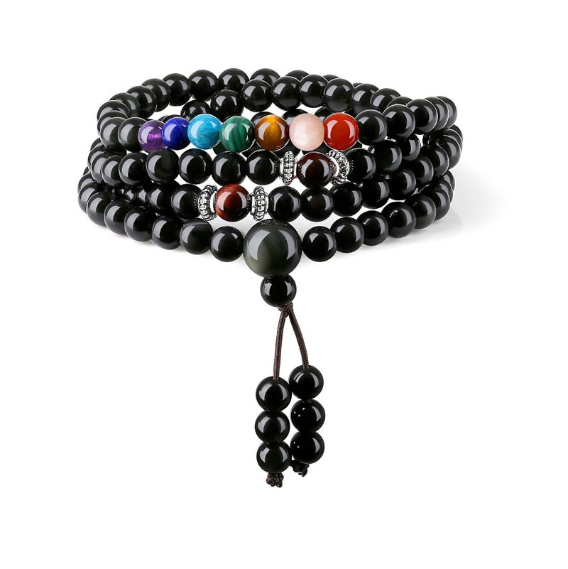 COAI Obsidian 7 Chakra 108 Beads Stone Beaded Mala Bracelet Necklace - Image 1
