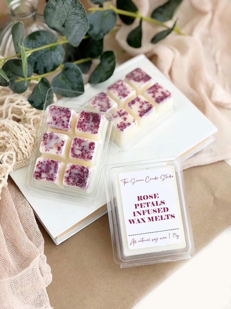 Rose Petals Infused Soothe Aromatherapy Scented Wax Melts with Free Aroma Diffuser HANDPOURED with Natural Soy Wax Vegan and Essential Oil Infused 75 Grams Ceramic Diffuser KIT  - Image 1