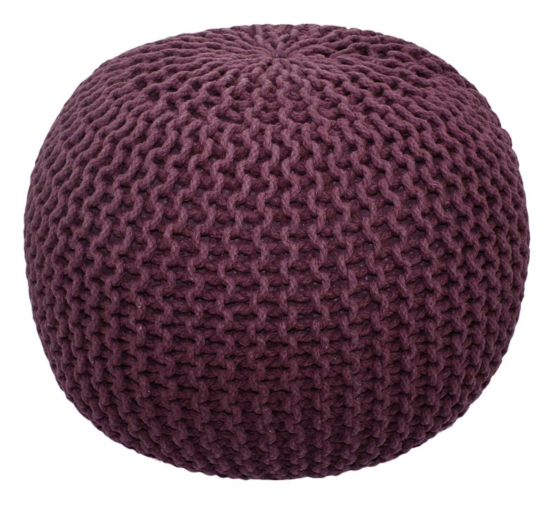 COTTON CRAFT Round Pouf Hand Knitted Cotton Braid Cord Cable Dori Ottoman Foot Stool Floor Pouf Footrest Accent Seat Furniture Bean Bag Living Room Kids Room Nursery Dorm Dcor 20x14 Plum