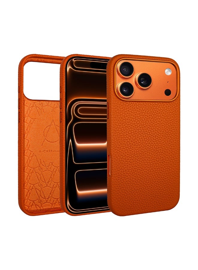 A-Case It’s My Case Amur Genuine Leather MagSafe Case for iPhone 17 Pro Max – Slim Fit Shockproof Protective Cover with Lychee Texture, Raised Camera Protection & Tactile Buttons – Orange - Image 1