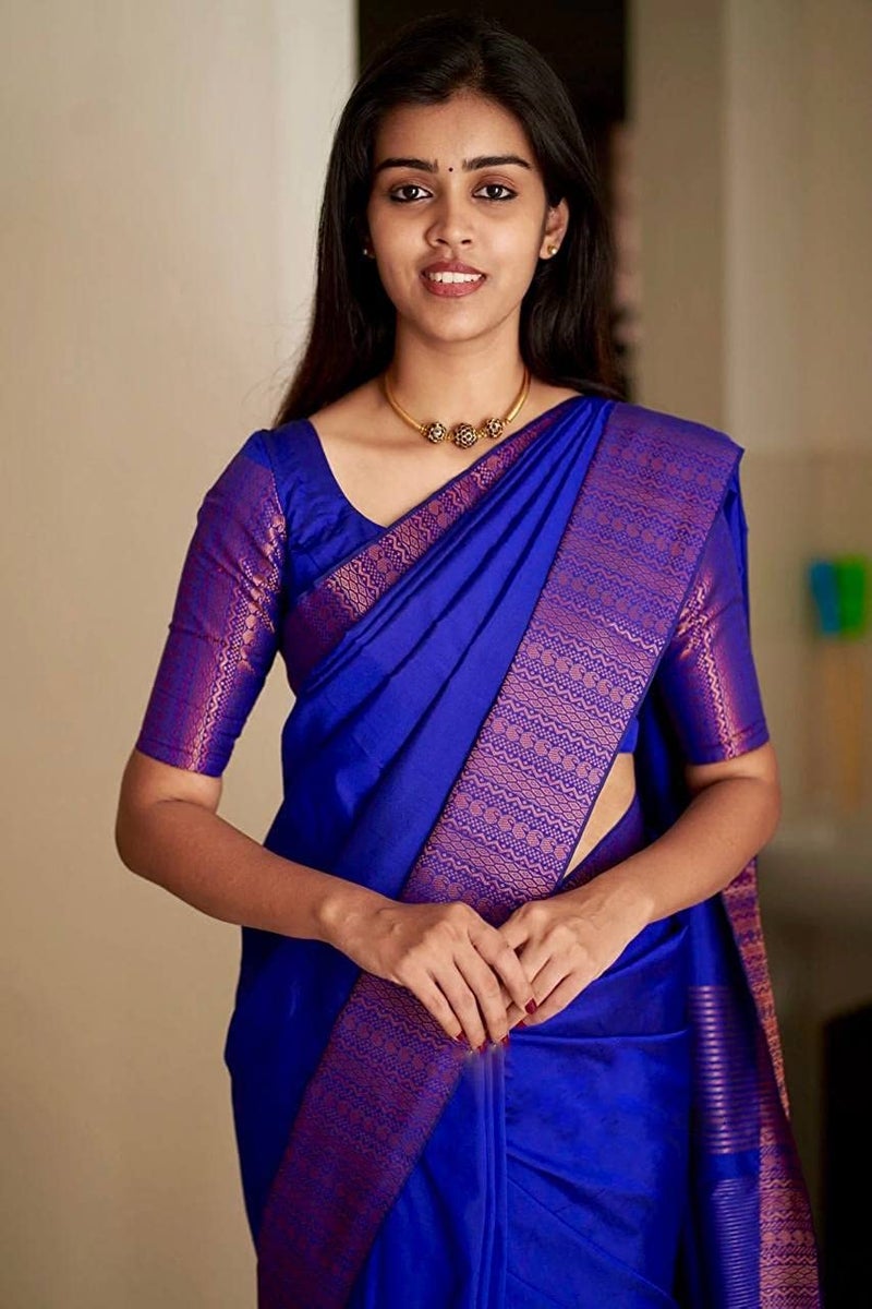 SGF11 Women's Kanjivaram Soft Lichi Silk Saree With Blouse Piece Best (Royal Blue) - Image 4