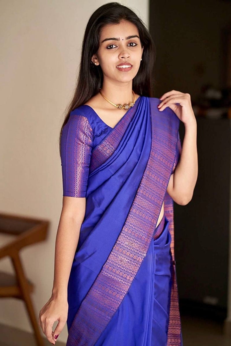 SGF11 Women's Kanjivaram Soft Lichi Silk Saree With Blouse Piece Best (Royal Blue) - Image 5