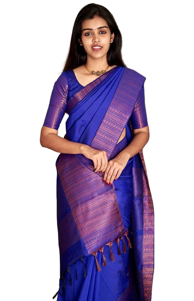 SGF11 Women's Kanjivaram Soft Lichi Silk Saree With Blouse Piece Best (Royal Blue) - Image 1