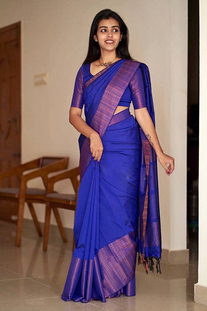 SGF11 Women's Kanjivaram Soft Lichi Silk Saree With Blouse Piece Best (Royal Blue) - Image 3