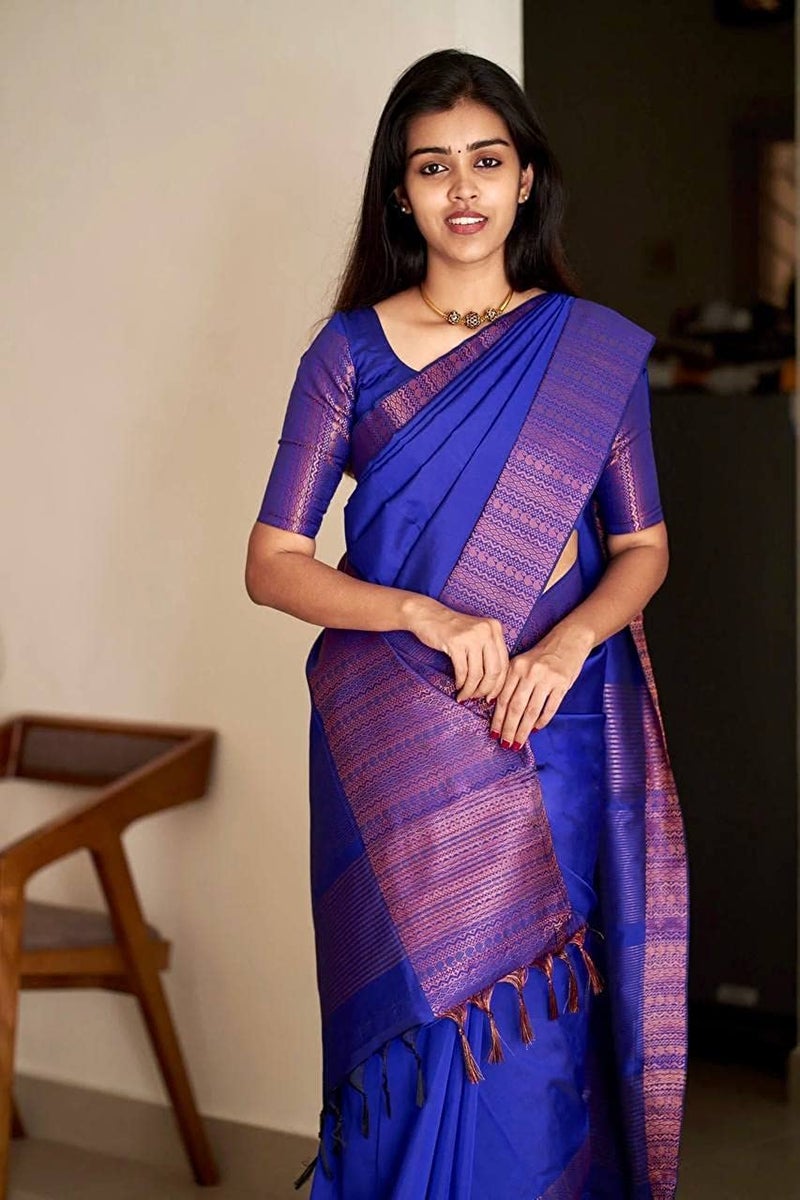 SGF11 Women's Kanjivaram Soft Lichi Silk Saree With Blouse Piece Best (Royal Blue) - Image 2
