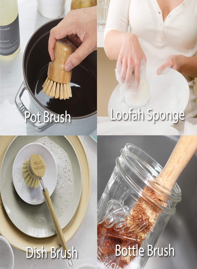 HELLO NATURE Plant-Based 6pcs Kitchen Brush Set by HELLO NATURE, Sustainable & Biodegradable Natural Fibre Bamboo Dish Brush,Bottle Brush,Pot Brush & 3 Natural Loofah Sponges, Zero-Waste,Plastic Free Kitchen Set - Image 5